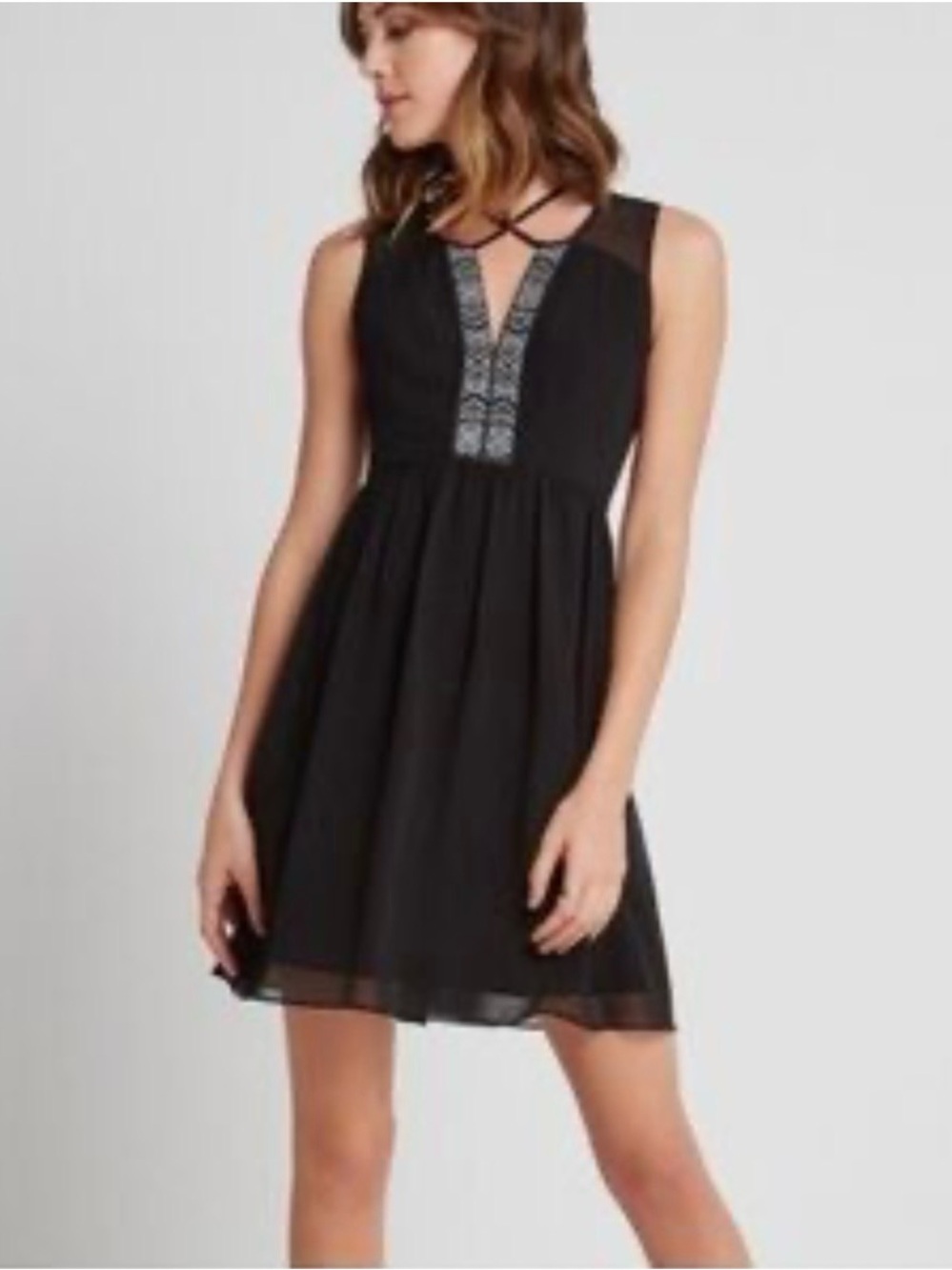 BCBGeneration Black Sleeveless Embroidered V-Neck Mini Dress